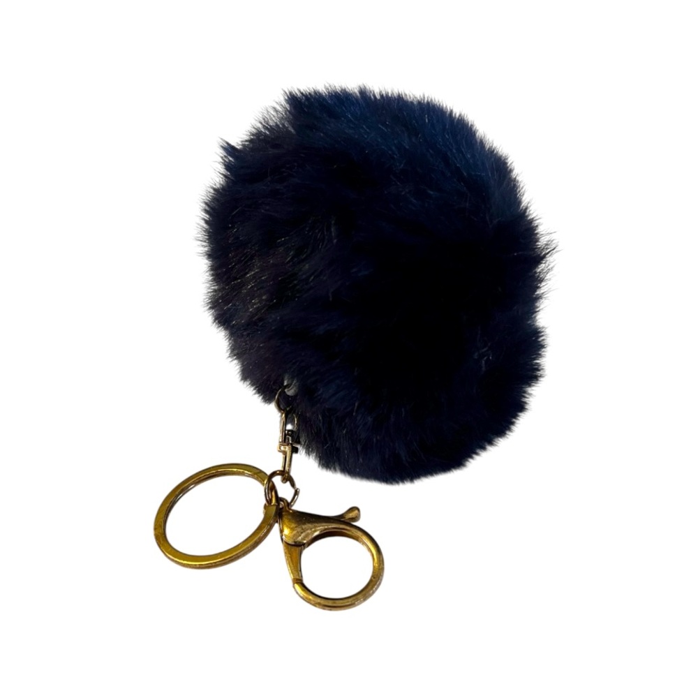 Navy Blue Pom Pom Key Holder with Gold Key Ring and Clip on Bag Clip